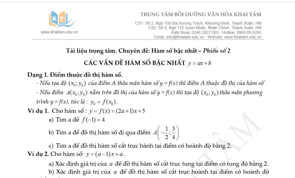 Toán 9: Tài liệu trọng tâm. Chuyên đề: Hàm số bậc nhất. Phiếu 2: Các vấn đề về hàm số bậc nhất